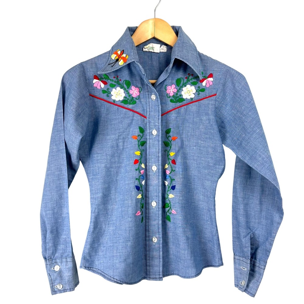 VTG 70s Lemon Frog Chambray Shirt Embroidered‎ Panda Western Sz XS / S  Cottage